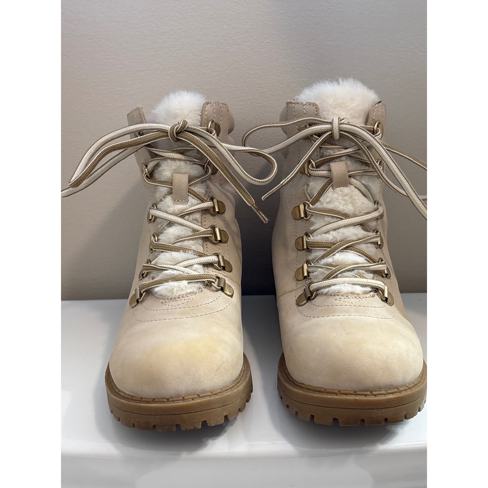 Shimmer Cream Faux Fur Trim Lace‎ Up Ankle Hiker Boots Size 6.5M Women's
